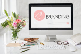 A desktop with a branding idea on display
